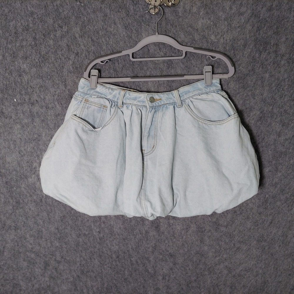 Missguided Women Denim Bubble Skirt L Light Wash Blue Retro Puff Mini Balletcore
